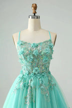 Cute Green A Line Spaghetti Straps Corset Short Homecoming Dress with Appliques by WEDTREND