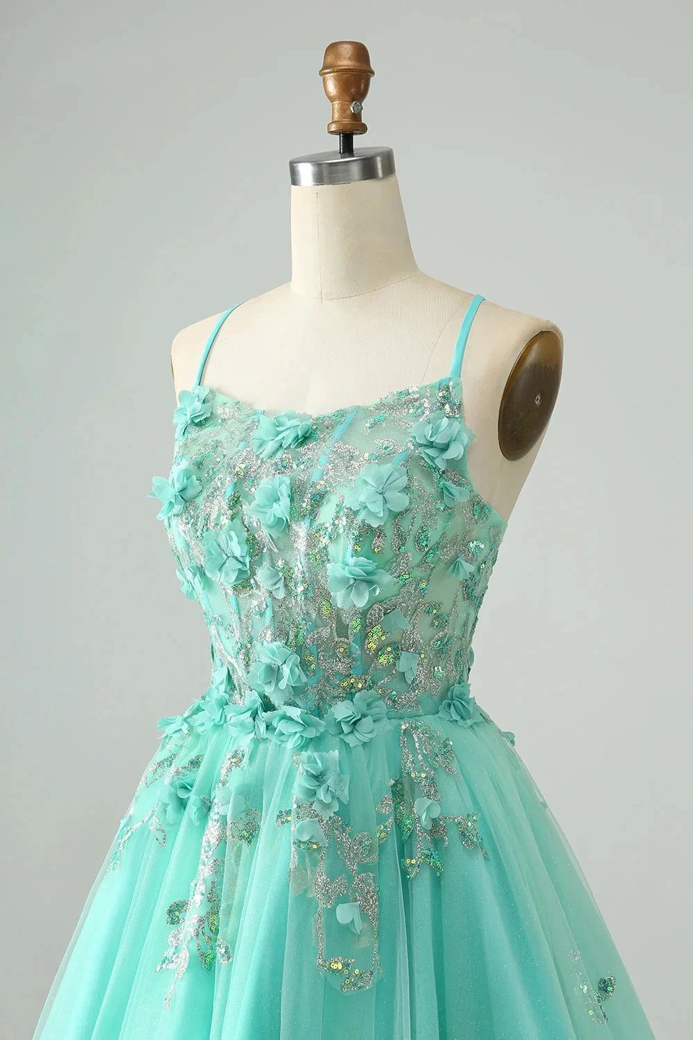 Cute Green A Line Spaghetti Straps Corset Short Homecoming Dress with Appliques by WEDTREND