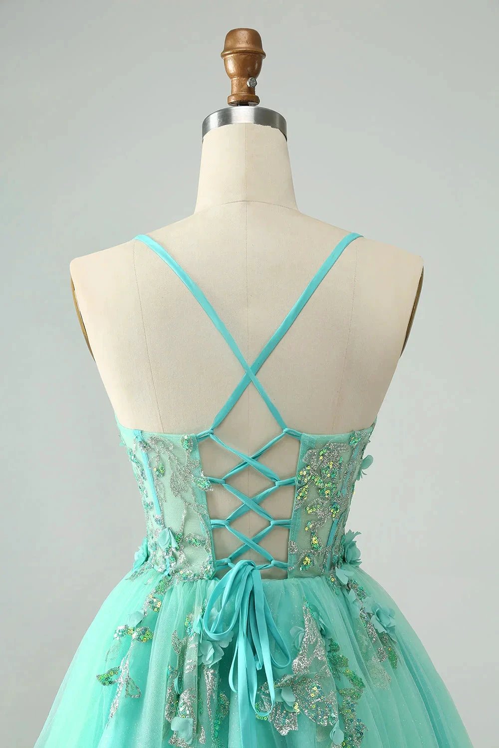 Cute Green A Line Spaghetti Straps Corset Short Homecoming Dress with Appliques by WEDTREND