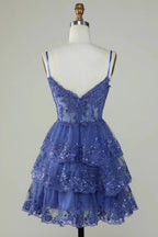 Cute Black A Line Sparkly Sequin Tiered Corset Short Homecoming Dress by WEDTREND