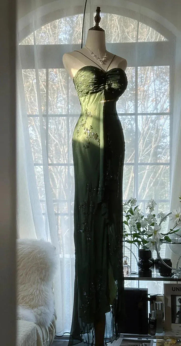 Vintage Dark Green Bodycon Satin Beaded Prom Dress Long Evening Dress Y8557 by simplepromdress