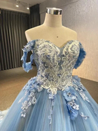 Ball Gown Blue Prom Dresses Lace Tulle Off Shoulder Evening Party Dress Y4561 by simplepromdress