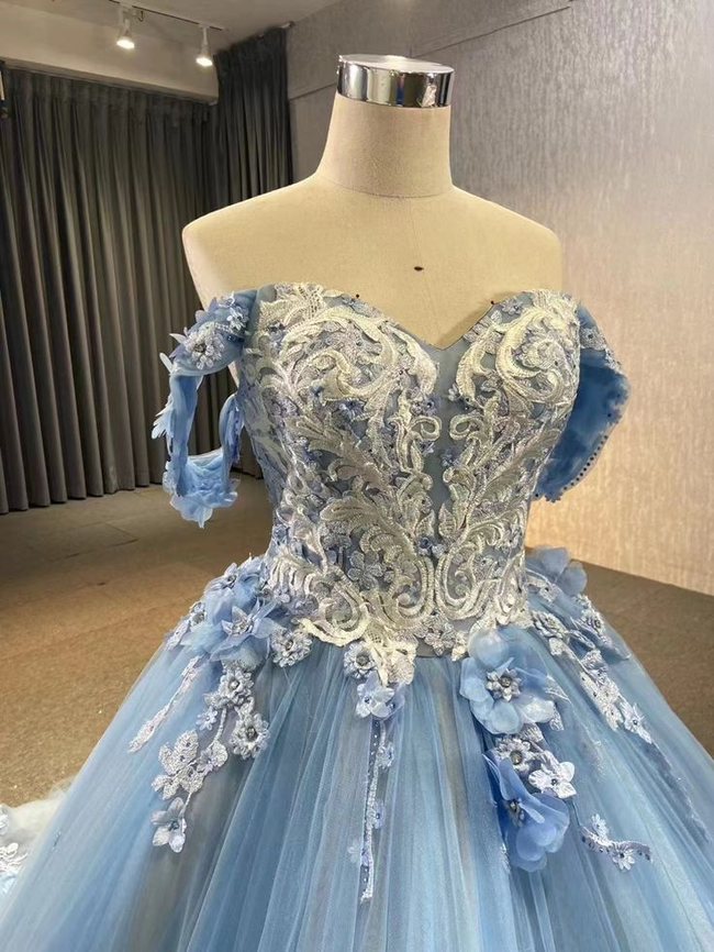 Ball Gown Blue Prom Dresses Lace Tulle Off Shoulder Evening Party Dress Y4561 Main Image