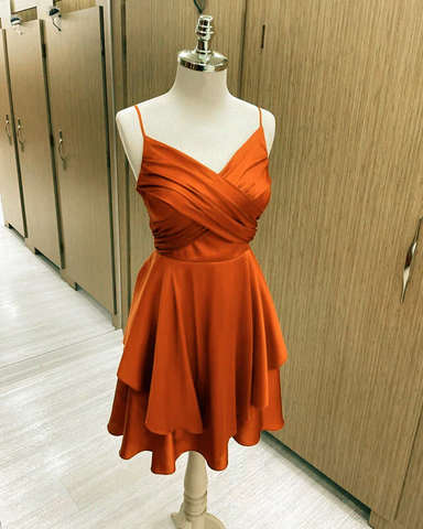 Vestido de cóctel corto de satén naranja quemado, escote en V, semiformal, vestido de regreso a casa Y1457