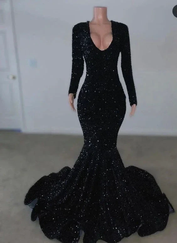 Black Sequins Long Sleeves Mermaid Evening Dress Black Reception Dress Y5987 by simplepromdress