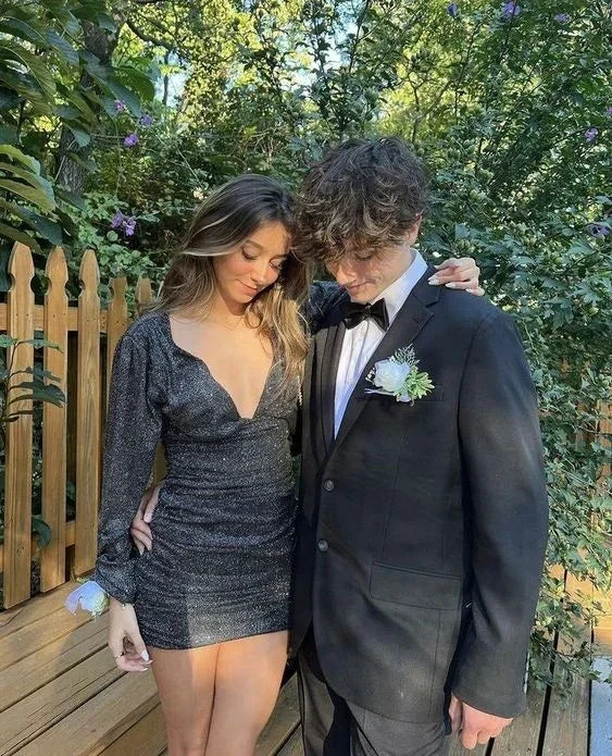 Sexy Black Homecoming Dress with Long Sleeves Black Party Dress Y2144 by simplepromdress