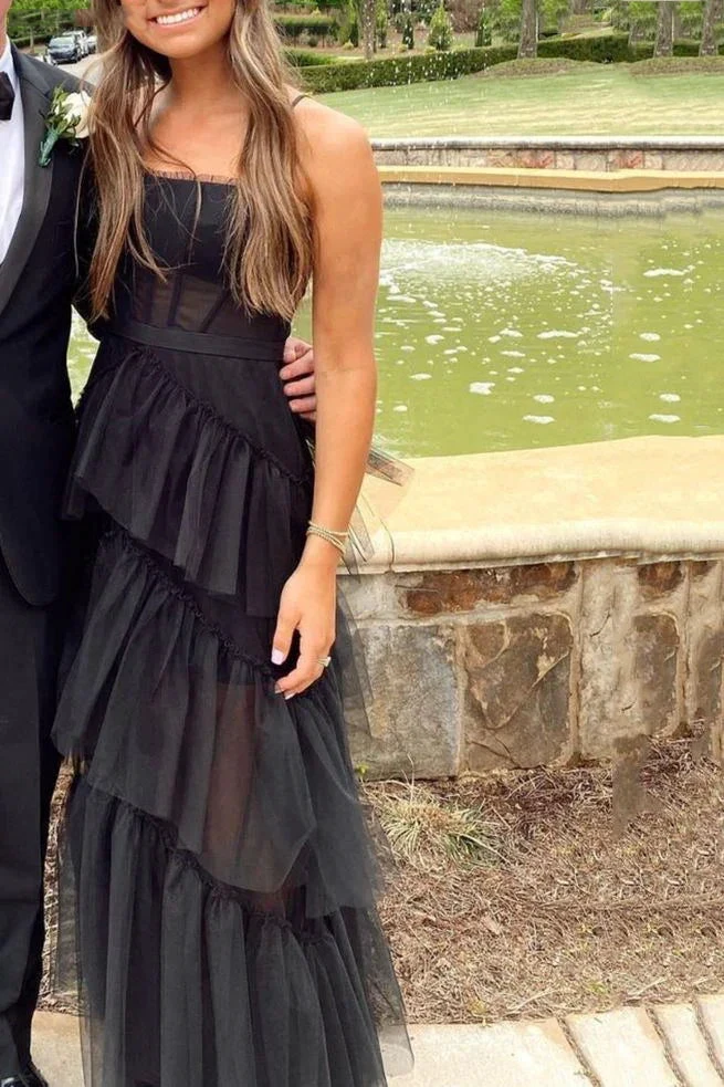 Elegant A-line Layered Tulle Black Prom Dress,Sheer Corset Long Evening Dress,Graduation Dress Y653 by simplepromdress