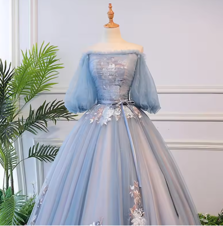 Unique blue tulle lace long prom dress blue evening dress S13770