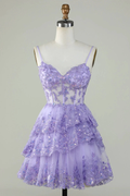 Straps Lavender Sequins Corset Layered Homecoming Dress Y2907 by simplepromdress