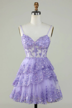 Straps Lavender Sequins Corset Layered Homecoming Dress Y2907 by simplepromdress