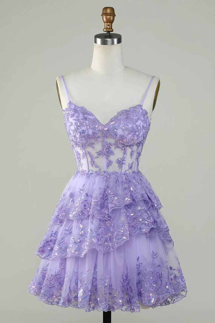 Straps Lavender Sequins Corset Layered Homecoming Dress Y2907 by simplepromdress