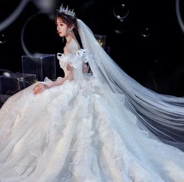 Fairy Romantic Off Shoulder White Wedding Dress Sweep Train Y6878 by simplepromdress