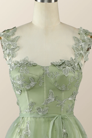 Salbeigrünes Schmetterlings-A-Linien-Abendkleid, lang, Abendkleid Y2801