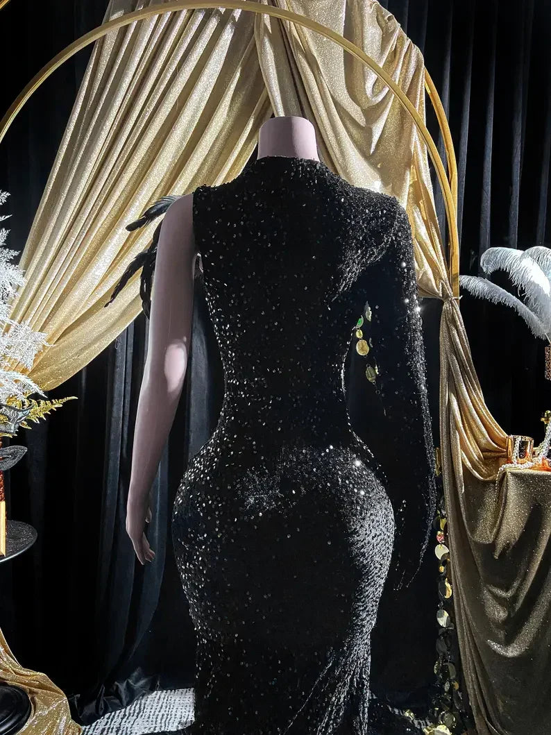 Black Sequins Rhinestone Applique Long Sleeve Mermaid Prom Dress Evening Dress Y8313 by simplepromdress