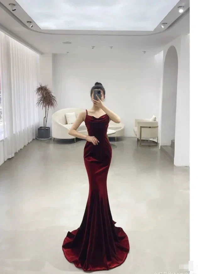 Elegant Red Velvet mermaid Evening Dress Long Prom Dress Y7824 by simplepromdress