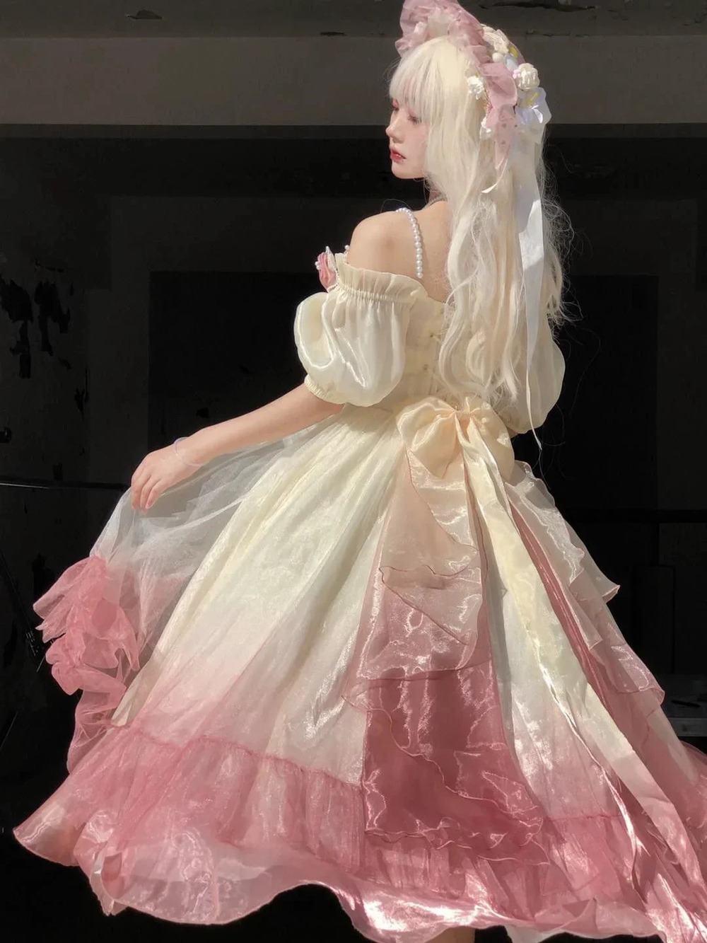 Roses Flowers Masquerade Prom Dress Champagne Pink Gradient Floral Wedding Dress Vintage Princess Dress with Pearls Y2401 by simplepromdress