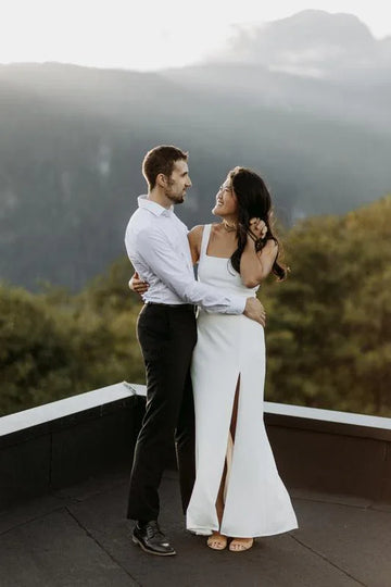 Simple Square-Neck White Satin Side Slit Long Evening Dress Formal Prom Dress Y8455 by simplepromdress