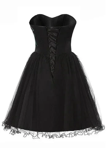 Chic Tulle Satin Beaded Sweetheart Neckline A-Line Short Cocktail Dress Black Homecoming Dress Y8483 by simplepromdress