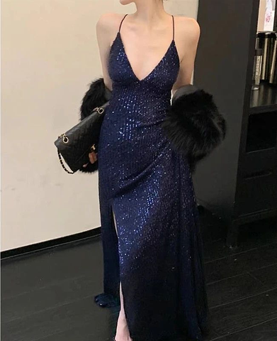 Sexy Navy Blue V Neck Slit Evening Dress Long Prom Dress Y7798