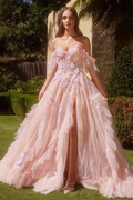 Sweet Tulle Ruffles Appliques Evening Dress Pink Slit Off Shoulder Prom Dress Y8359 by simplepromdress