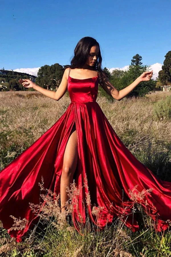 Red Satin Long Prom Gown,Front Slit Evening Dresses,Floor Length Prom Dresses Y516 by simplepromdress