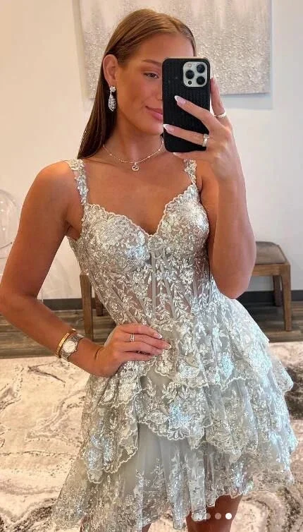 Princess A Line Tiered Short Glitter Homecoming Dress With Appliques Y6707 by simplepromdress