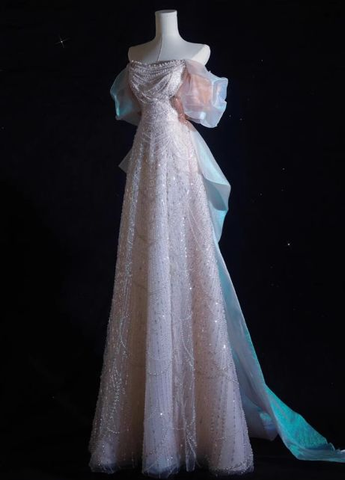 Pink A-Line Off-Shoulder Tulle Sequins Beaded Long Prom Dress Formal Evening Dress Y8050