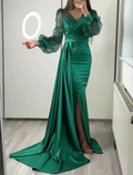 Dark Green Mermaid V Neck Satin Evening Dress Long Sleeves Y6109 by simplepromdress