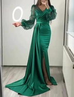 Dark Green Mermaid V Neck Satin Evening Dress Long Sleeves Y6109 by simplepromdress