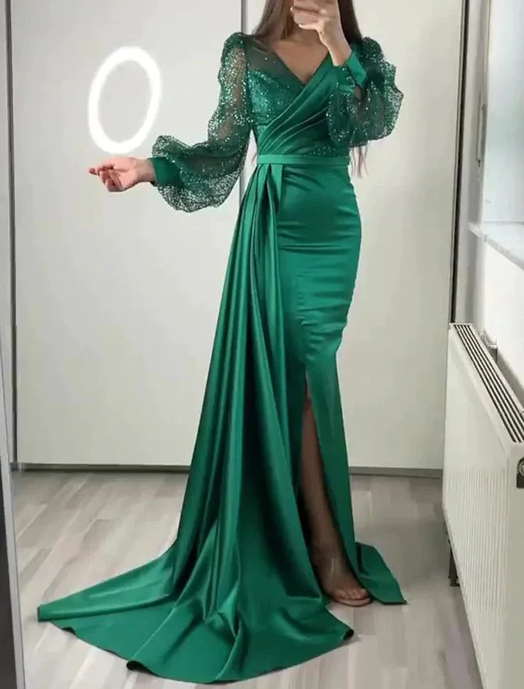 Dark Green Mermaid V Neck Satin Evening Dress Long Sleeves Y6109 by simplepromdress