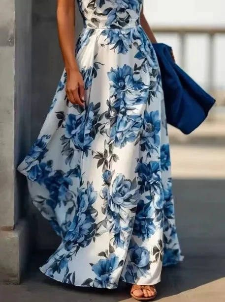 New Arrive Sleeveless Satin Floral Print Halter Neck A Line Evening Dress Blue Prom Dress Y8480 by simplepromdress