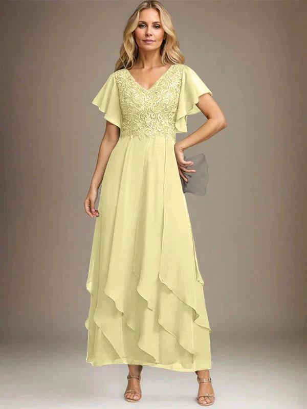 A-line V-Neck Ankle-Length Lace Chiffon Mother of the Bride Dress With Cascading Ruffles by Dreamylily