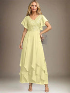 A-line V-Neck Ankle-Length Lace Chiffon Mother of the Bride Dress With Cascading Ruffles by Dreamylily