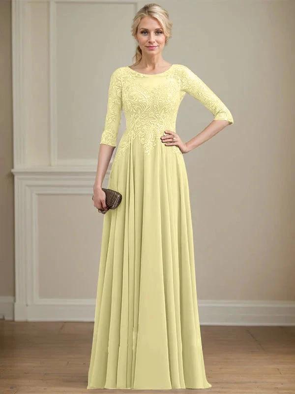 A-line Scoop Illusion Floor-Length Lace Chiffon Mother of the Bride Dress With Sequins by Dreamylily