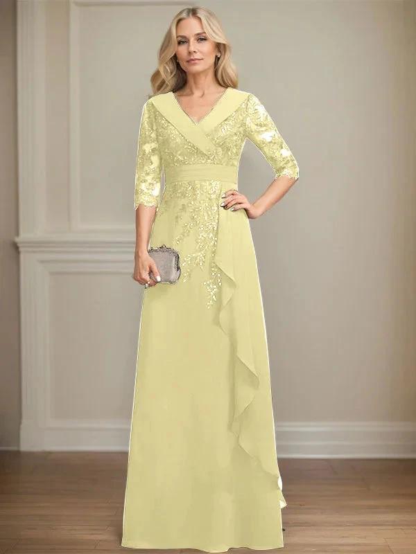 A-line Collared V-Neck Floor-Length Lace Chiffon Mother of the Bride Dress With Sequins Cascading Ruffles by Dreamylily