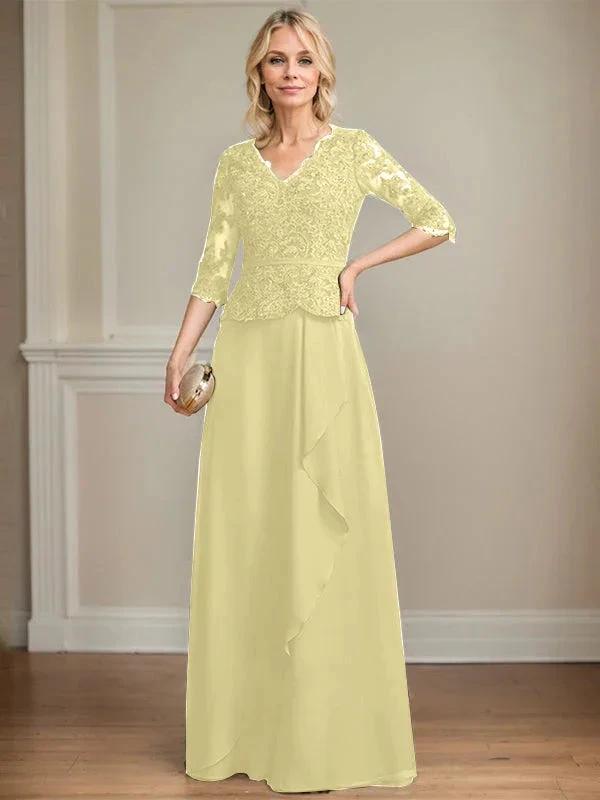 A-line V-Neck Floor-Length Lace Chiffon Mother of the Bride Dress With Cascading Ruffles Sequins by Dreamylily