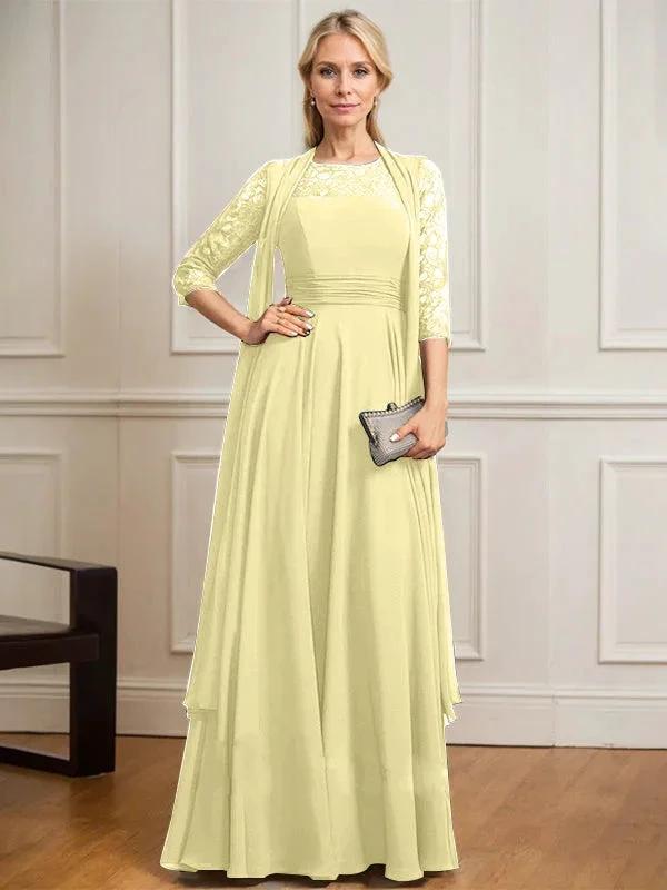 A-line Scoop Illusion Floor-Length Lace Chiffon Mother of the Bride Dress With Pleated by Dreamylily