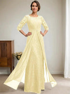 A-Line Scoop Illusion Floor-Length Lace Chiffon Mother Of the Bride Dress With Beading Ruffles by Dreamylily