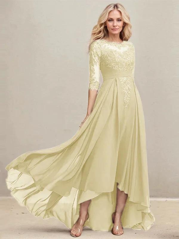 A-line Scoop Illusion Asymmetrical Lace Chiffon Mother of the Bride Dress With Pleated Sequins by Dreamylily