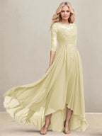 A-line Scoop Illusion Asymmetrical Lace Chiffon Mother of the Bride Dress With Pleated Sequins by Dreamylily