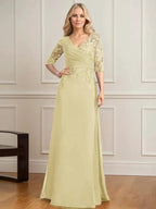 A-line V-Neck Floor-Length Lace Chiffon Mother of the Bride Dress With Pleated Sequins by Dreamylily