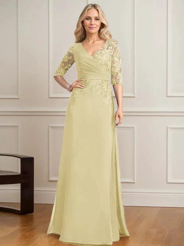 A-line V-Neck Floor-Length Lace Chiffon Mother of the Bride Dress With Pleated Sequins by Dreamylily