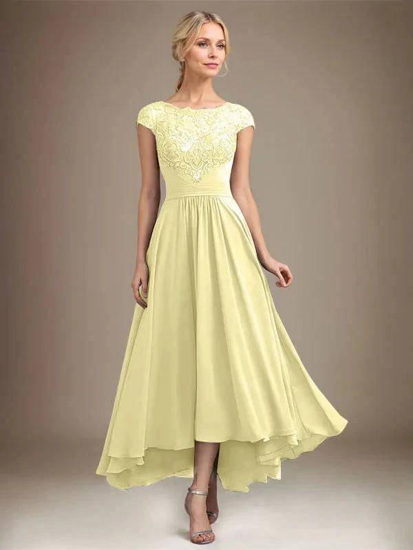 A-line Scoop Illusion Asymmetrical Lace Chiffon Mother of the Bride Dress With Pleated by Dreamylily