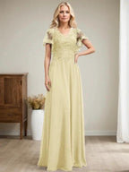 A-line V-Neck Floor-Length Lace Chiffon Mother of the Bride Dress With Sequins by Dreamylily