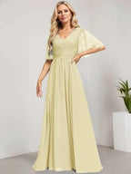A-line V-Neck Floor-Length Lace Chiffon Mother of the Bride Dress With Sequins by Dreamylily