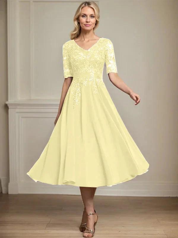 A-line V-Neck Tea-Length Lace Chiffon Mother of the Bride Dress With Sequins by Dreamylily