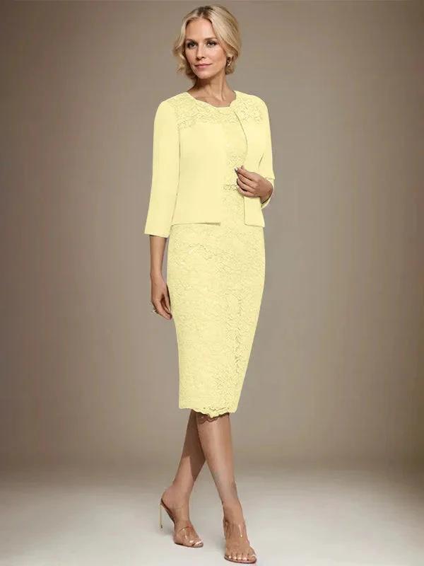 Sheath/Column Scoop Knee-Length Chiffon Lace Mother of the Bride Dress With Beading by Dreamylily