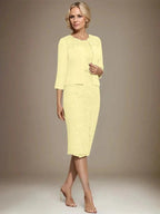 Sheath/Column Scoop Knee-Length Chiffon Lace Mother of the Bride Dress With Beading by Dreamylily