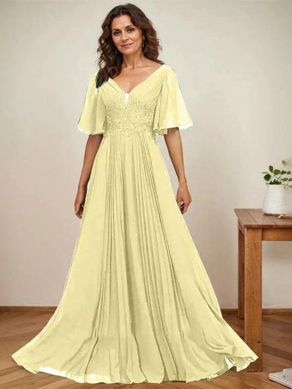 A-line V-Neck Floor-Length Chiffon Mother of the Bride Dress With Sequins Appliques Lace Pleated by Dreamylily