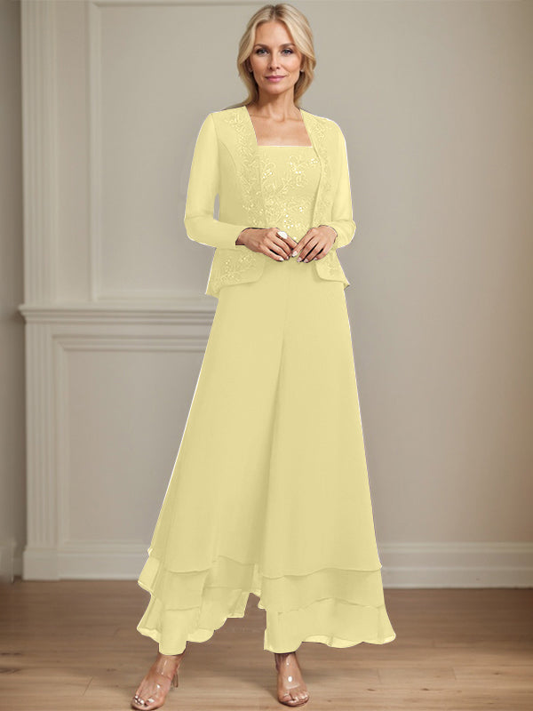 Separates Jumpsuit/Pantsuit Square Ankle-Length Lace Chiffon Mother of the Bride Dress With Sequins